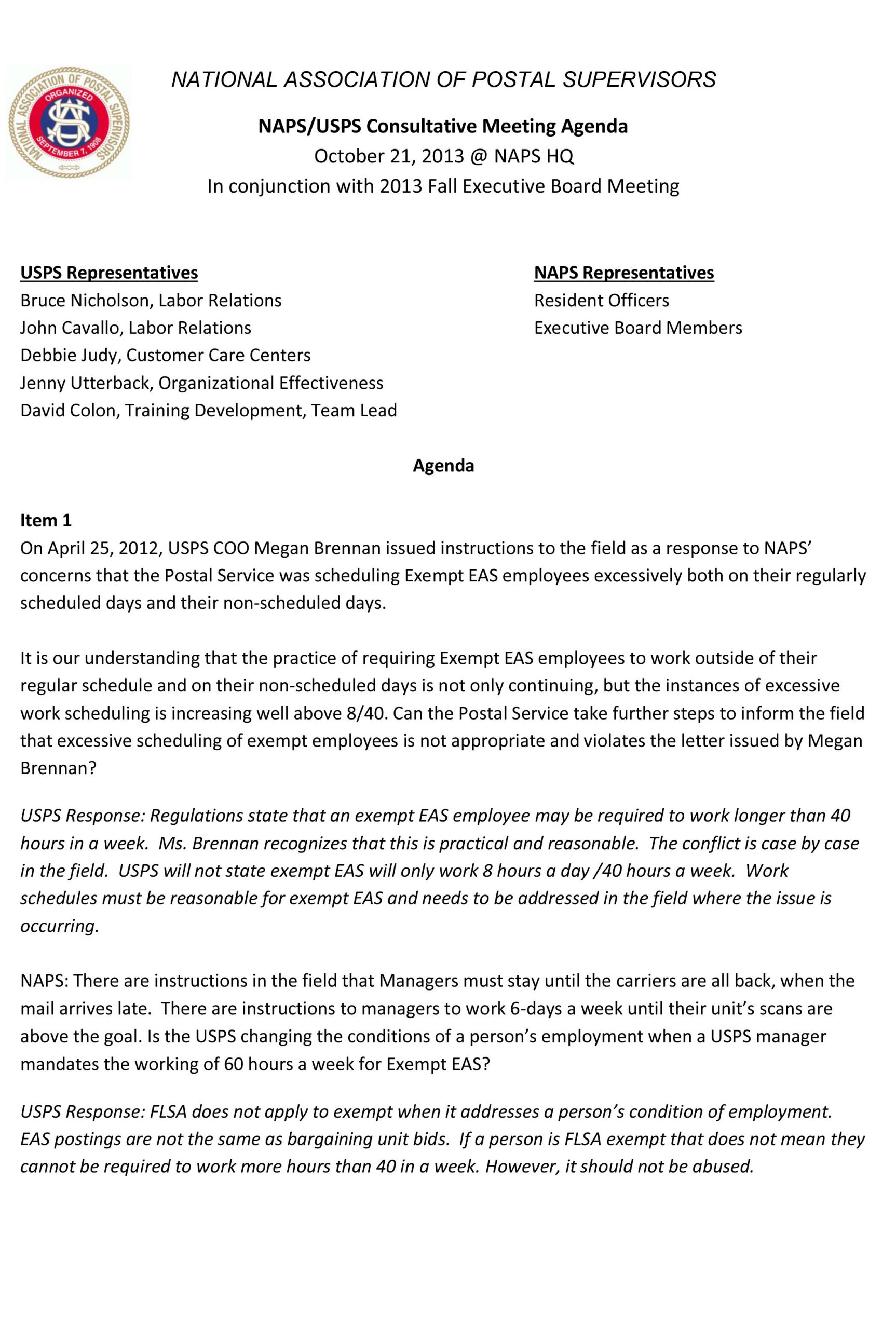 NAPS/USPS Consultative Meeting Agenda – October 21, 2013