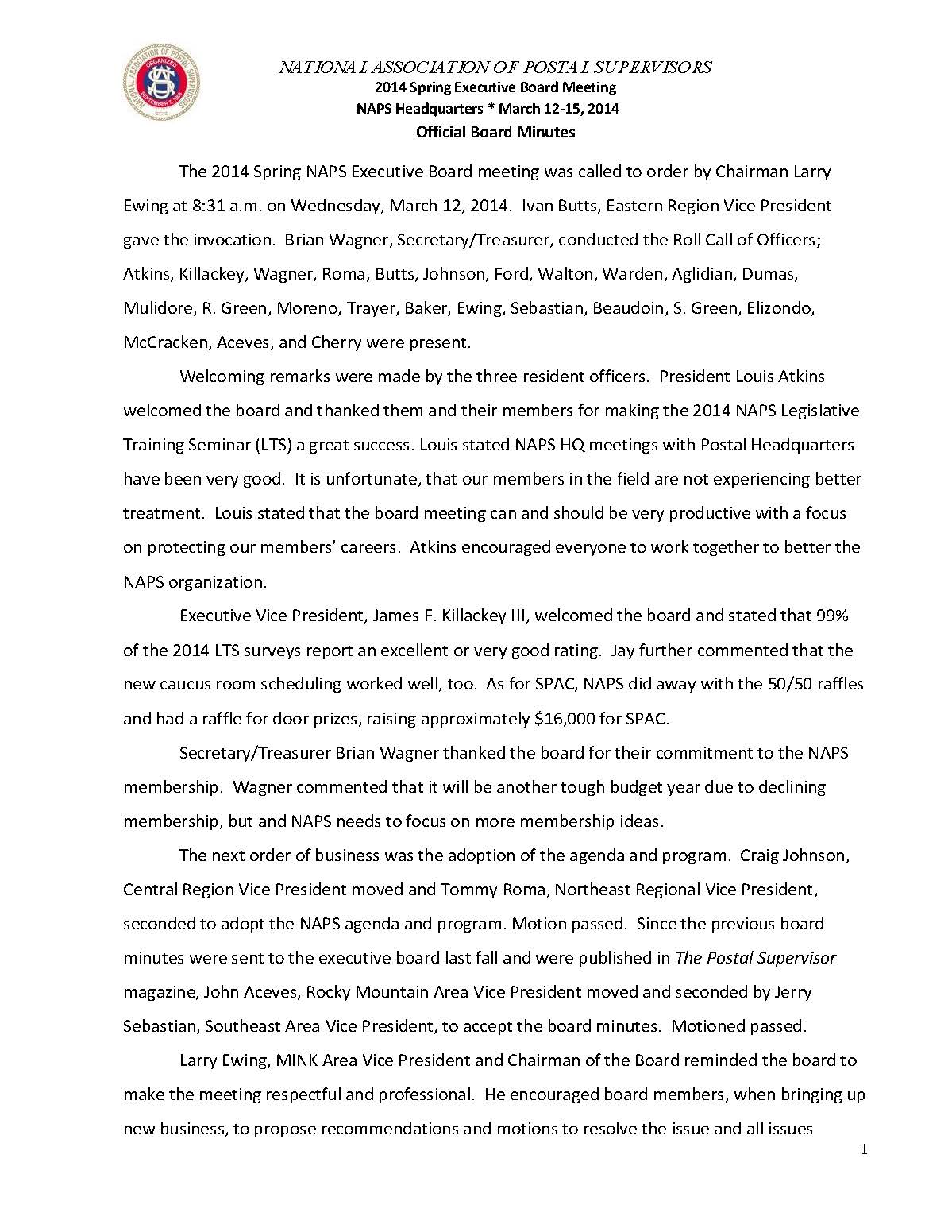 2014 Spring Executive Board Meeting Minutes
