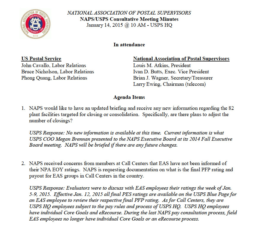 January 2015 – NAPS/USPS Consultative Meeting Minutes