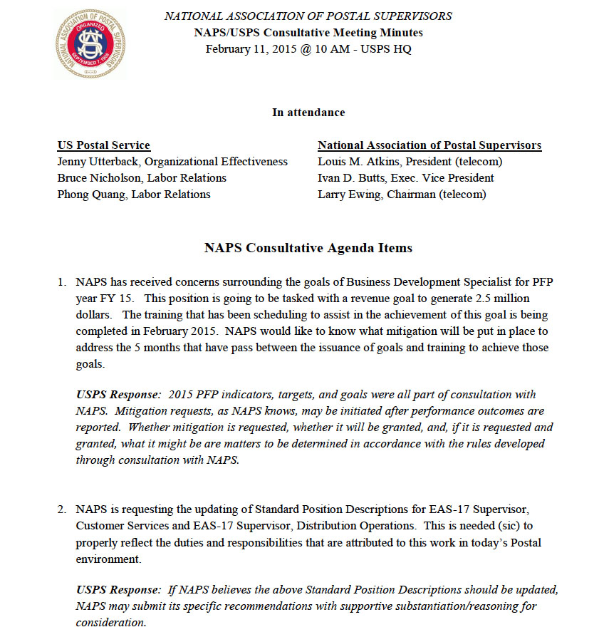February 2015 – NAPS/USPS Consultative Meeting Minutes