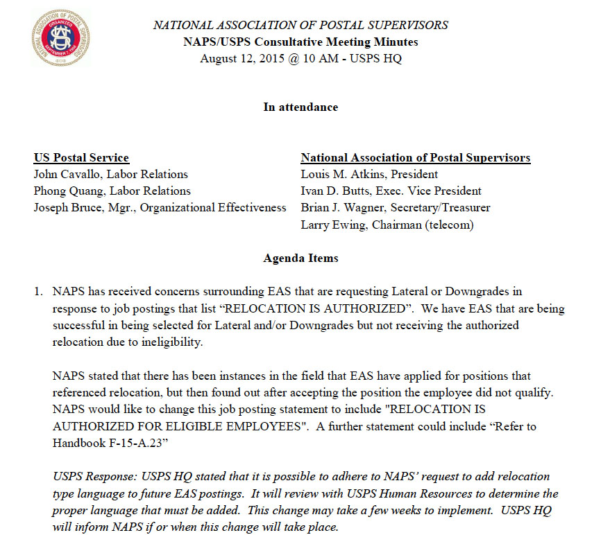 August 2015 NAPS/USPS Consultative Meeting Minutes