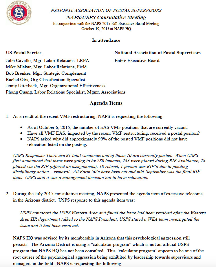 October 2015 NAPS/USPS Consultative Meeting Minutes