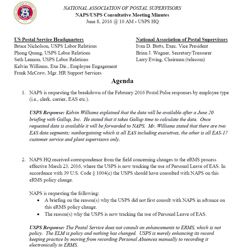 June 2016 NAPS/USPS Consultative Meeting Minutes