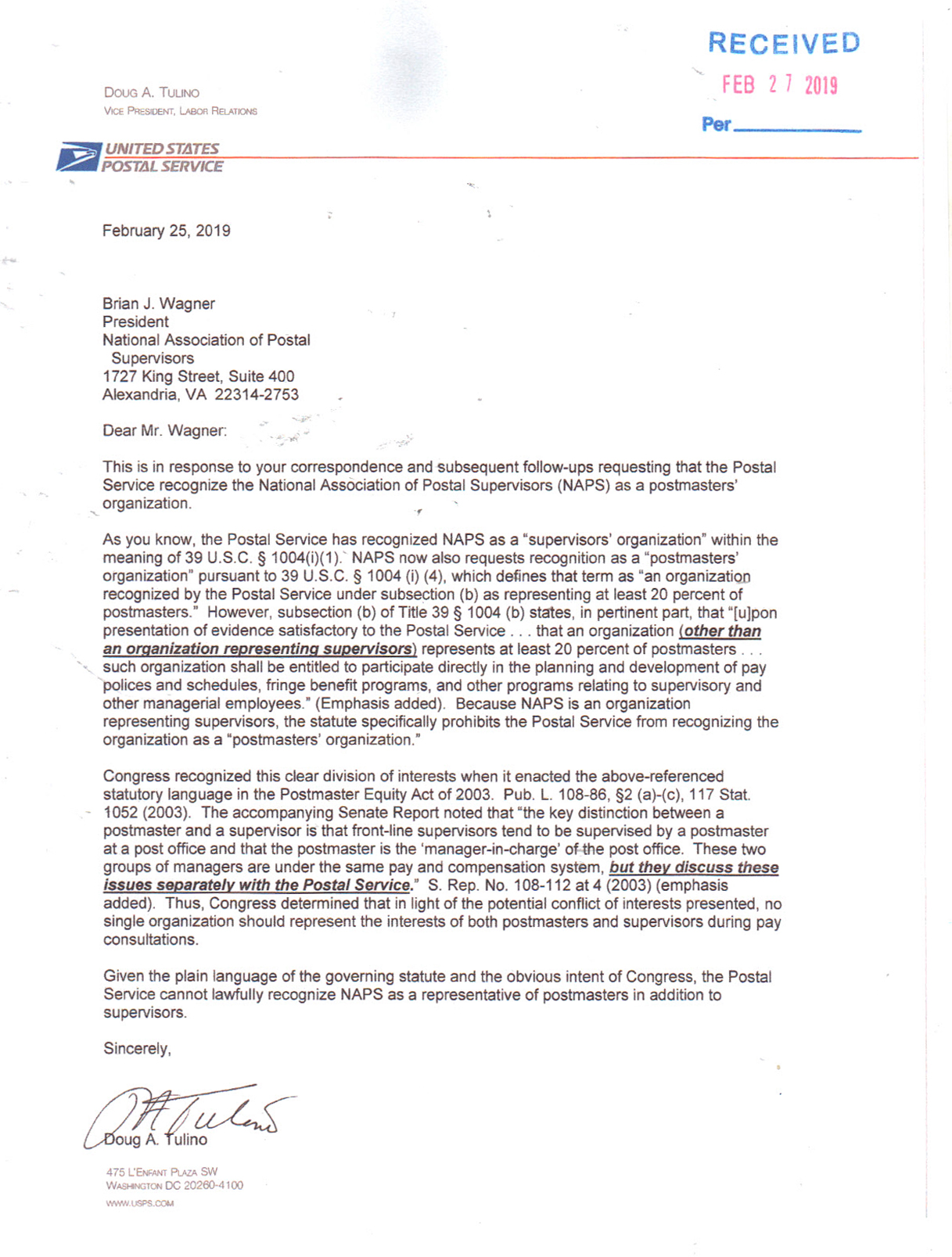 Letter from Mr. Tulino Advising Postal Service Cannot Lawfully Recognize NAPS as a Representative of Postmasters in Addition to Supervisors