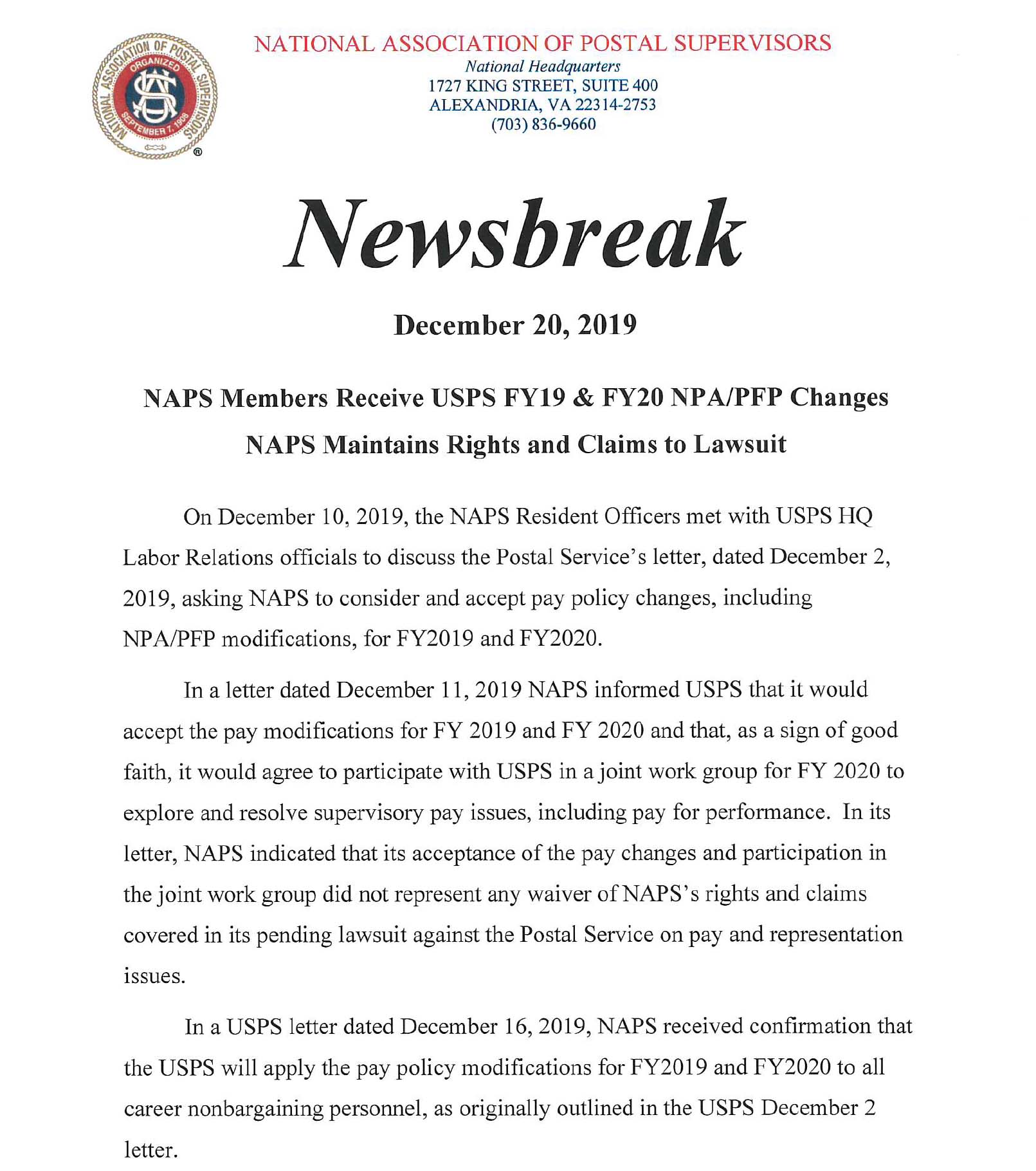 NAPS Newsbreak Modifications to Pay Policies for Career Nonbargaining (EAS) Employees