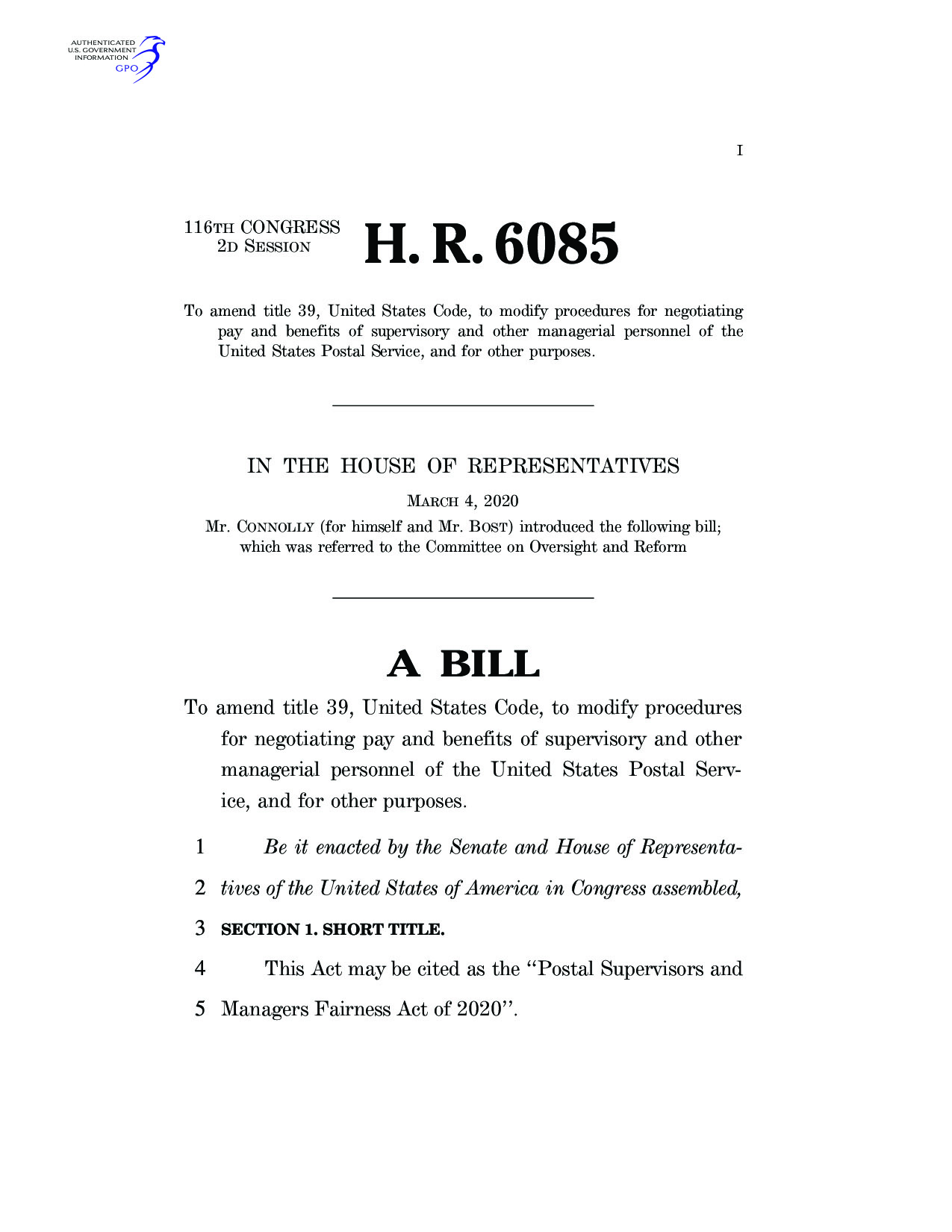 Bill H.R.6085 – Postal Supervisors and Managers Fairness Act of 2020