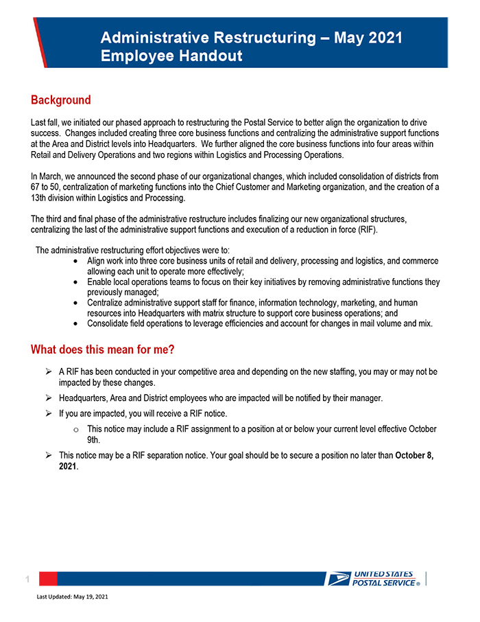 Administrative Restructuring Employee Handout