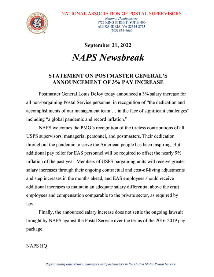 NAPS Newsbreak: Statement on Postmaster General’s Announcement of 3% Pay Increase